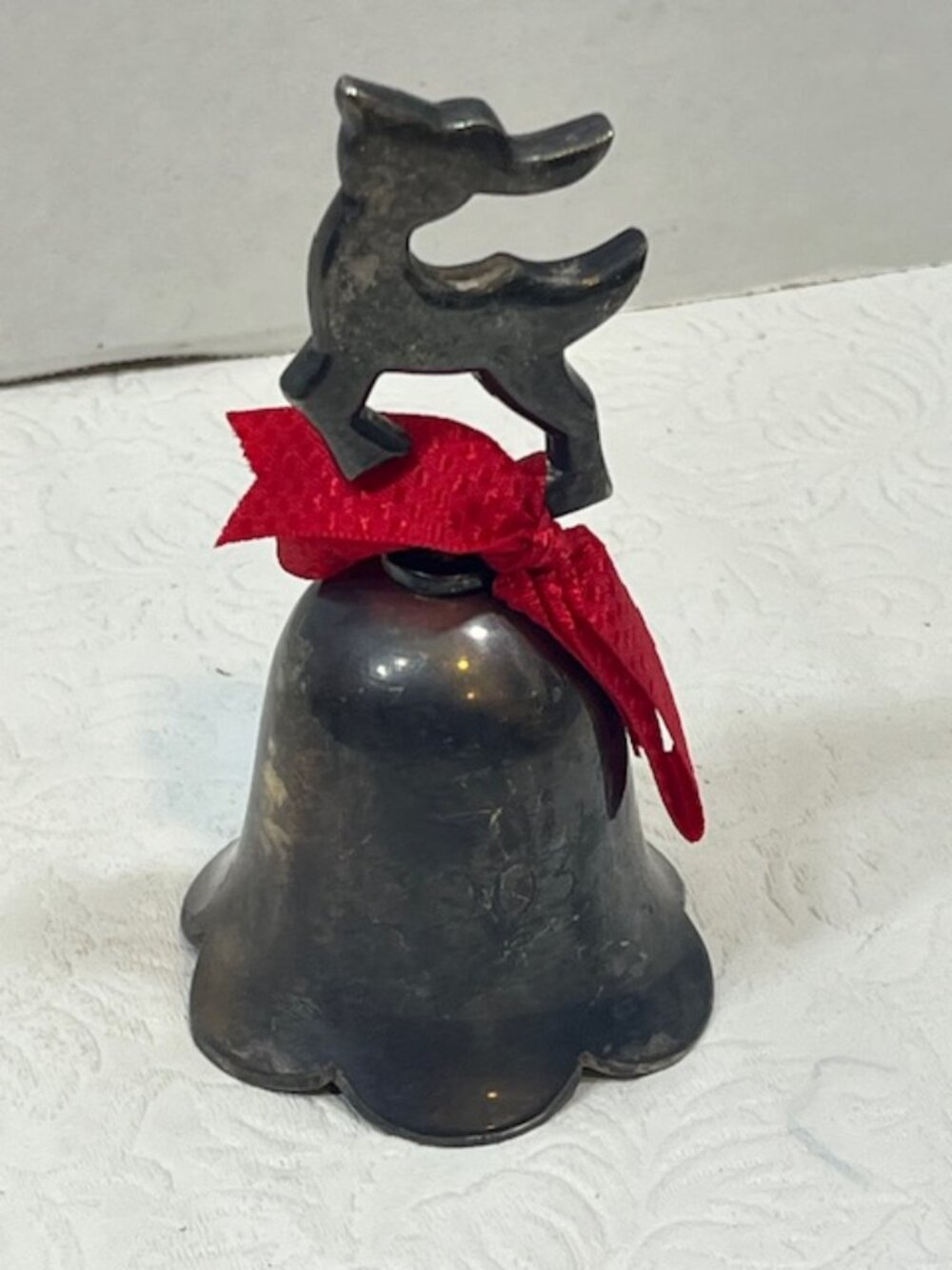 2003 Handmade Silverplated Christmas Reindeer Holiday Bell Red Bow 4" Tall